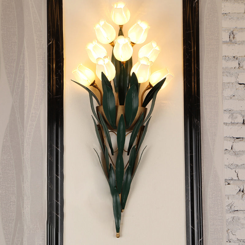 Rural Lily Bouquet Wall Lamp Kit 6/10 Heads White/Purple Glass Sconce Light Fixture for Dining Room Clearhalo 'Wall Lamps & Sconces' 'Wall Lights' Lighting' 1908825