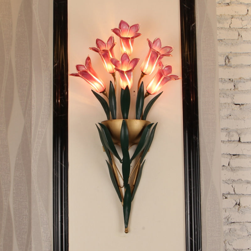 Rural Lily Bouquet Wall Lamp Kit 6/10 Heads White/Purple Glass Sconce Light Fixture for Dining Room 6.0 Purple Clearhalo 'Wall Lamps & Sconces' 'Wall Lights' Lighting' 1908827