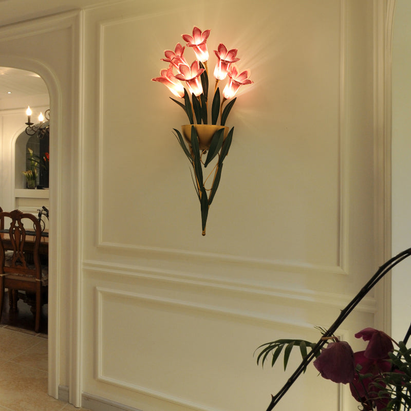 Rural Lily Bouquet Wall Lamp Kit 6/10 Heads White/Purple Glass Sconce Light Fixture for Dining Room Clearhalo 'Wall Lamps & Sconces' 'Wall Lights' Lighting' 1908828