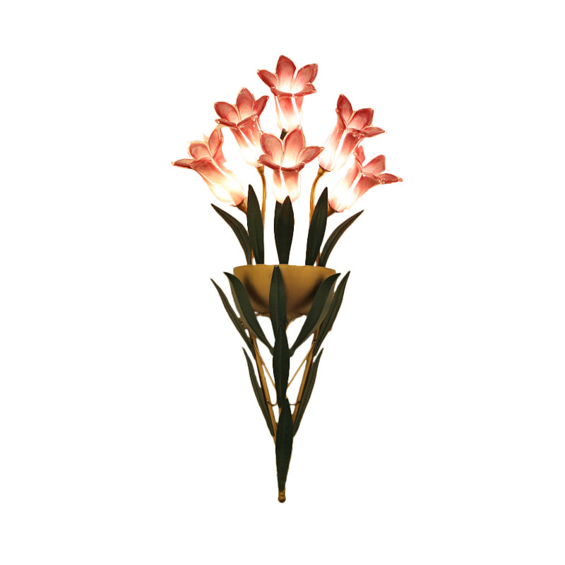 Rural Lily Bouquet Wall Lamp Kit 6/10 Heads White/Purple Glass Sconce Light Fixture for Dining Room Clearhalo 'Wall Lamps & Sconces' 'Wall Lights' Lighting' 1908829