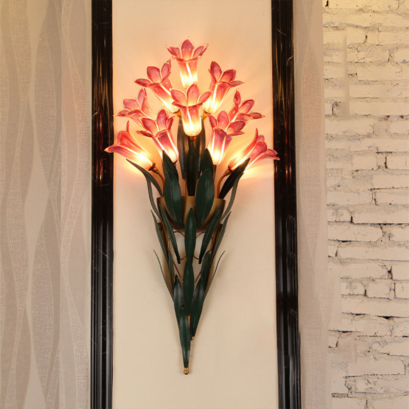 Rural Lily Bouquet Wall Lamp Kit 6/10 Heads White/Purple Glass Sconce Light Fixture for Dining Room 10.0 Purple Clearhalo 'Wall Lamps & Sconces' 'Wall Lights' Lighting' 1908833