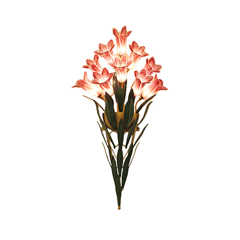 Rural Lily Bouquet Wall Lamp Kit 6/10 Heads White/Purple Glass Sconce Light Fixture for Dining Room Clearhalo 'Wall Lamps & Sconces' 'Wall Lights' Lighting' 1908835