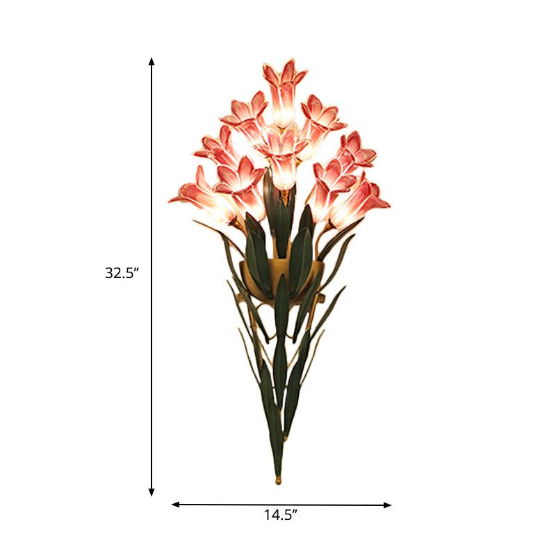 Rural Lily Bouquet Wall Lamp Kit 6/10 Heads White/Purple Glass Sconce Light Fixture for Dining Room Clearhalo 'Wall Lamps & Sconces' 'Wall Lights' Lighting' 1908836