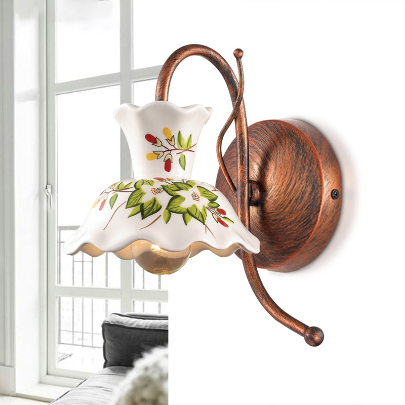 Farmhouse Scalloped Sconce 1 Bulb Flower Patterned Ceramic Wall Lamp in White with Weather Copper Gooseneck Arm, Left/Right White Left Clearhalo 'Wall Lamps & Sconces' 'Wall Lights' Lighting' 1908841
