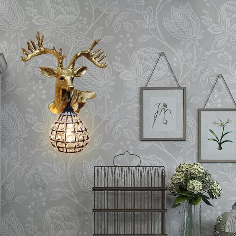 Resin Elk Wall Sconce Traditional 1 Light Bedroom Wall Lighting Fixture in Black/Gold, Left/Right Gold Right Clearhalo 'Wall Lamps & Sconces' 'Wall Lights' Lighting' 1908941