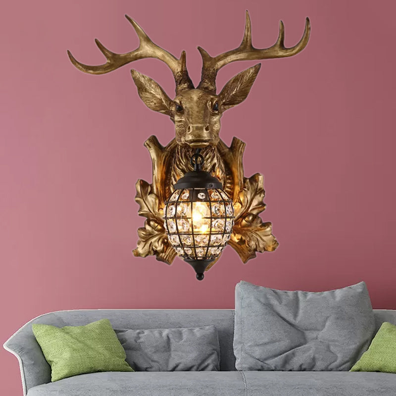 Ellipsoid Cage Beveled Crystal Sconce Farmhouse 12"/18" W 1 Head Living Room Wall Mount Lighting with Gold Antler Backplate Gold Clearhalo 'Wall Lamps & Sconces' 'Wall Lights' Lighting' 1908965