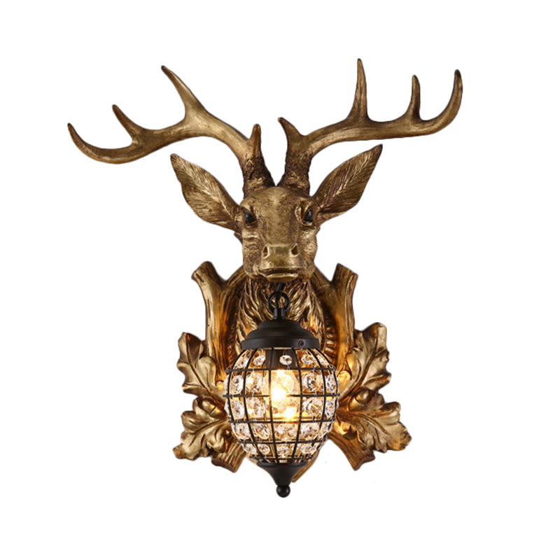 Ellipsoid Cage Beveled Crystal Sconce Farmhouse 12"/18" W 1 Head Living Room Wall Mount Lighting with Gold Antler Backplate Clearhalo 'Wall Lamps & Sconces' 'Wall Lights' Lighting' 1908967