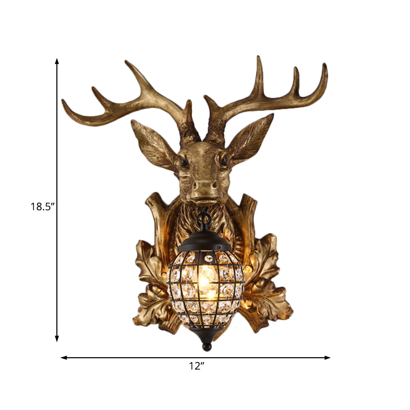 Ellipsoid Cage Beveled Crystal Sconce Farmhouse 12"/18" W 1 Head Living Room Wall Mount Lighting with Gold Antler Backplate Clearhalo 'Wall Lamps & Sconces' 'Wall Lights' Lighting' 1908968