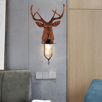 Brown 1 Bulb Wall Mount Lighting Vintage Resin Deer-Head Wall Lamp Sconce with Cage Brown Clearhalo 'Wall Lamps & Sconces' 'Wall Lights' Lighting' 1909014