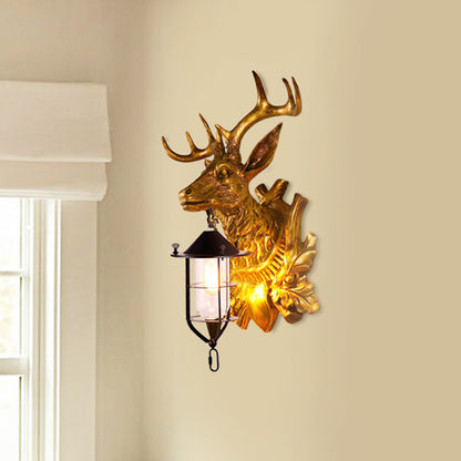 1 Light Deer Head Sconce Light Fixture Farmhouse Gold Resin Wall Mount Lamp for Door Gold Clearhalo 'Wall Lamps & Sconces' 'Wall Lights' Lighting' 1909018