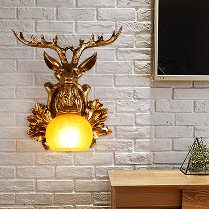 Dome Amber Glass Sconce Lighting Rural 1 Head Sitting Room Wall Mount Lamp with Gold Deer Head Backplate, 12"/19.5" Wide Clearhalo 'Wall Lamps & Sconces' 'Wall Lights' Lighting' 1909060