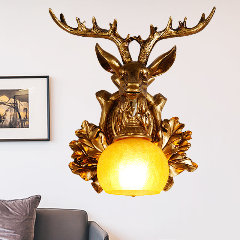 Dome Amber Glass Sconce Lighting Rural 1 Head Sitting Room Wall Mount Lamp with Gold Deer Head Backplate, 12"/19.5" Wide Gold 12" Clearhalo 'Wall Lamps & Sconces' 'Wall Lights' Lighting' 1909061