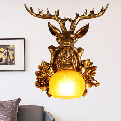 Dome Amber Glass Sconce Lighting Rural 1 Head Sitting Room Wall Mount Lamp with Gold Deer Head Backplate, 12"/19.5" Wide Gold 12" Clearhalo 'Wall Lamps & Sconces' 'Wall Lights' Lighting' 1909061