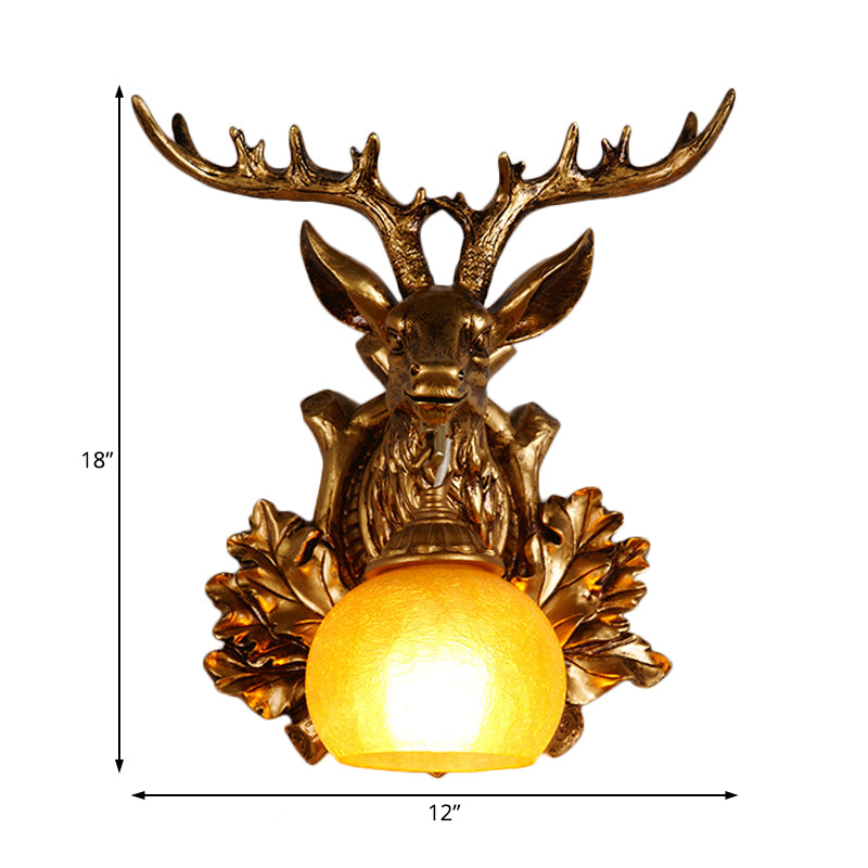 Dome Amber Glass Sconce Lighting Rural 1 Head Sitting Room Wall Mount Lamp with Gold Deer Head Backplate, 12"/19.5" Wide Clearhalo 'Wall Lamps & Sconces' 'Wall Lights' Lighting' 1909063