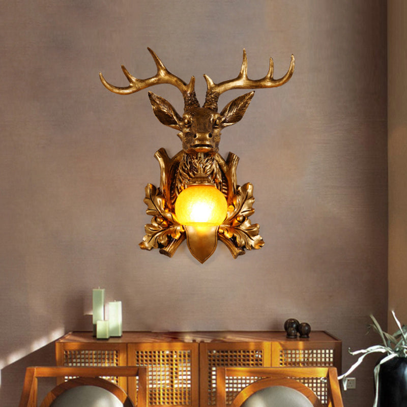 Dome Amber Glass Sconce Lighting Rural 1 Head Sitting Room Wall Mount Lamp with Gold Deer Head Backplate, 12"/19.5" Wide Clearhalo 'Wall Lamps & Sconces' 'Wall Lights' Lighting' 1909064