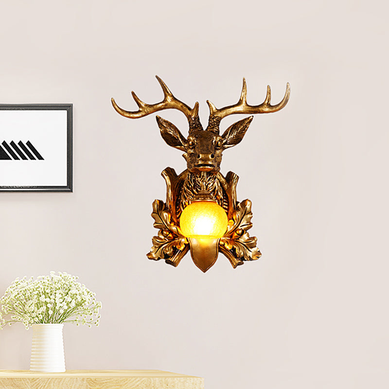 Dome Amber Glass Sconce Lighting Rural 1 Head Sitting Room Wall Mount Lamp with Gold Deer Head Backplate, 12"/19.5" Wide Gold 19.5" Clearhalo 'Wall Lamps & Sconces' 'Wall Lights' Lighting' 1909065