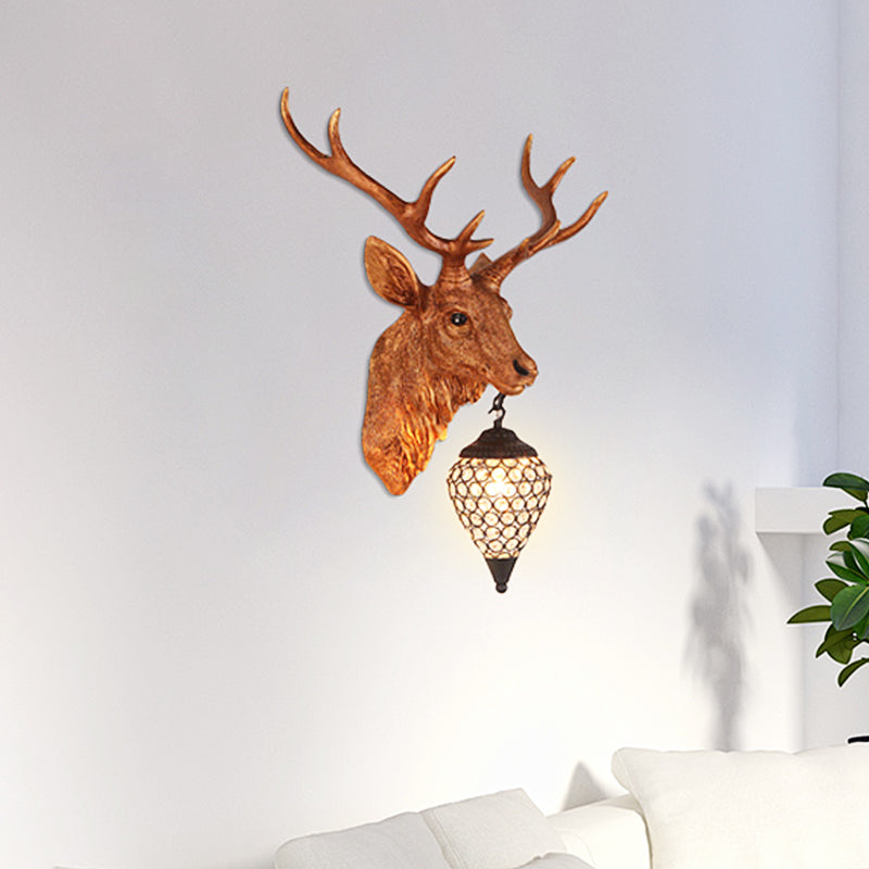 Teardrop Beveled Crystal Wall Lighting Country 15"/20.5"/24.5" Wide 1 Head Bedroom Sconce Lamp with Deer Head in White/Yellow/Gold Clearhalo 'Wall Lamps & Sconces' 'Wall Lights' Lighting' 1909076