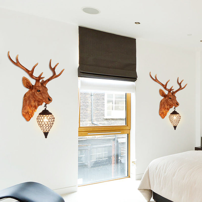 Teardrop Beveled Crystal Wall Lighting Country 15"/20.5"/24.5" Wide 1 Head Bedroom Sconce Lamp with Deer Head in White/Yellow/Gold Gold Clearhalo 'Wall Lamps & Sconces' 'Wall Lights' Lighting' 1909077