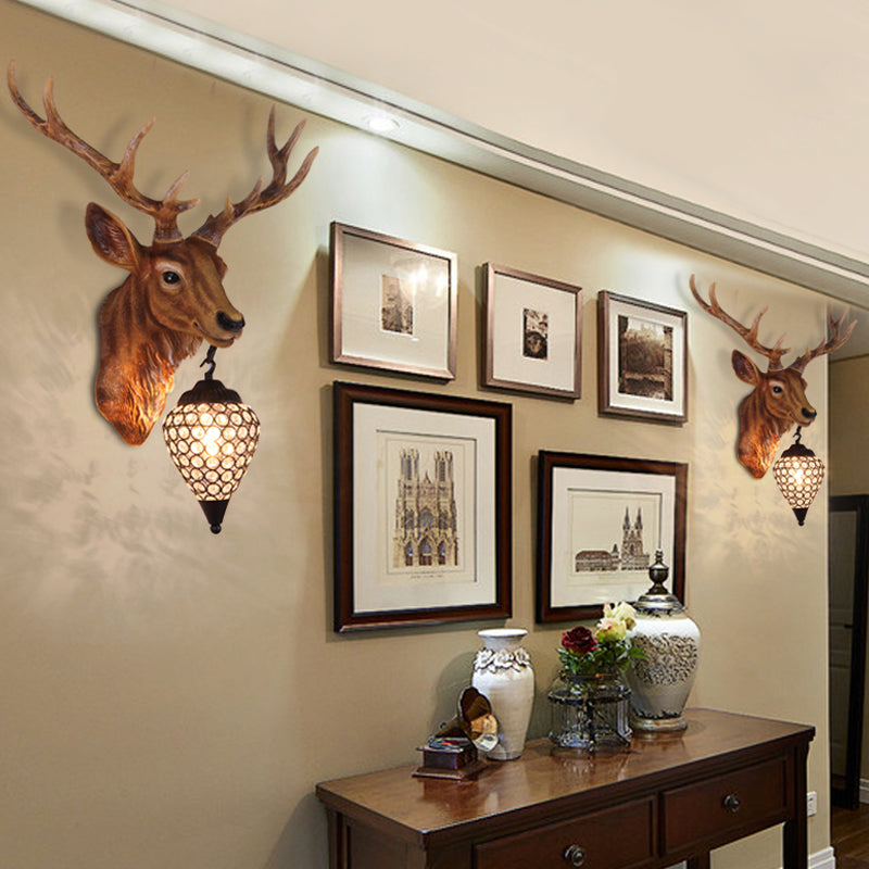 Teardrop Beveled Crystal Wall Lighting Country 15"/20.5"/24.5" Wide 1 Head Bedroom Sconce Lamp with Deer Head in White/Yellow/Gold Clearhalo 'Wall Lamps & Sconces' 'Wall Lights' Lighting' 1909078