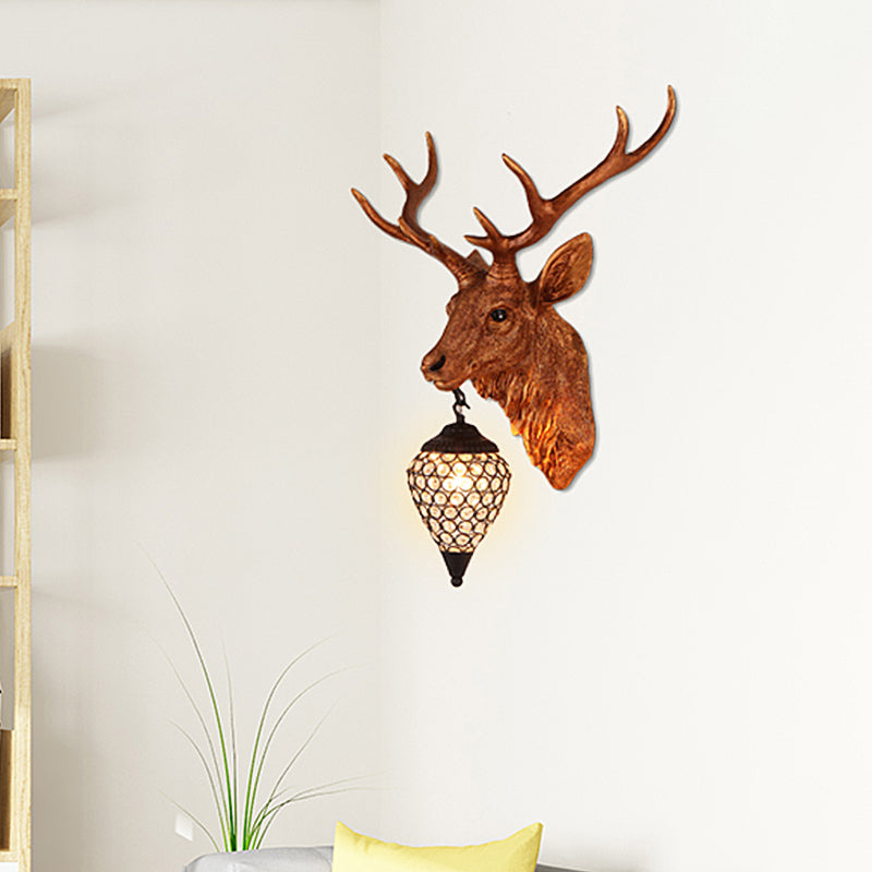 Teardrop Beveled Crystal Wall Lighting Country 15"/20.5"/24.5" Wide 1 Head Bedroom Sconce Lamp with Deer Head in White/Yellow/Gold Clearhalo 'Wall Lamps & Sconces' 'Wall Lights' Lighting' 1909079