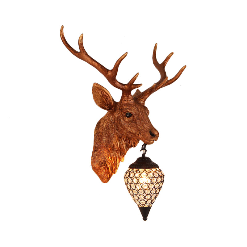 Teardrop Beveled Crystal Wall Lighting Country 15"/20.5"/24.5" Wide 1 Head Bedroom Sconce Lamp with Deer Head in White/Yellow/Gold Clearhalo 'Wall Lamps & Sconces' 'Wall Lights' Lighting' 1909080