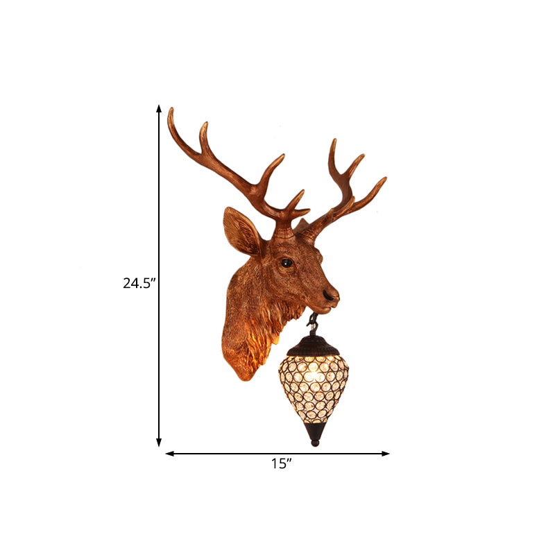 Teardrop Beveled Crystal Wall Lighting Country 15"/20.5"/24.5" Wide 1 Head Bedroom Sconce Lamp with Deer Head in White/Yellow/Gold Clearhalo 'Wall Lamps & Sconces' 'Wall Lights' Lighting' 1909081