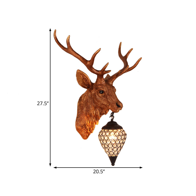 Teardrop Beveled Crystal Wall Lighting Country 15"/20.5"/24.5" Wide 1 Head Bedroom Sconce Lamp with Deer Head in White/Yellow/Gold Clearhalo 'Wall Lamps & Sconces' 'Wall Lights' Lighting' 1909082