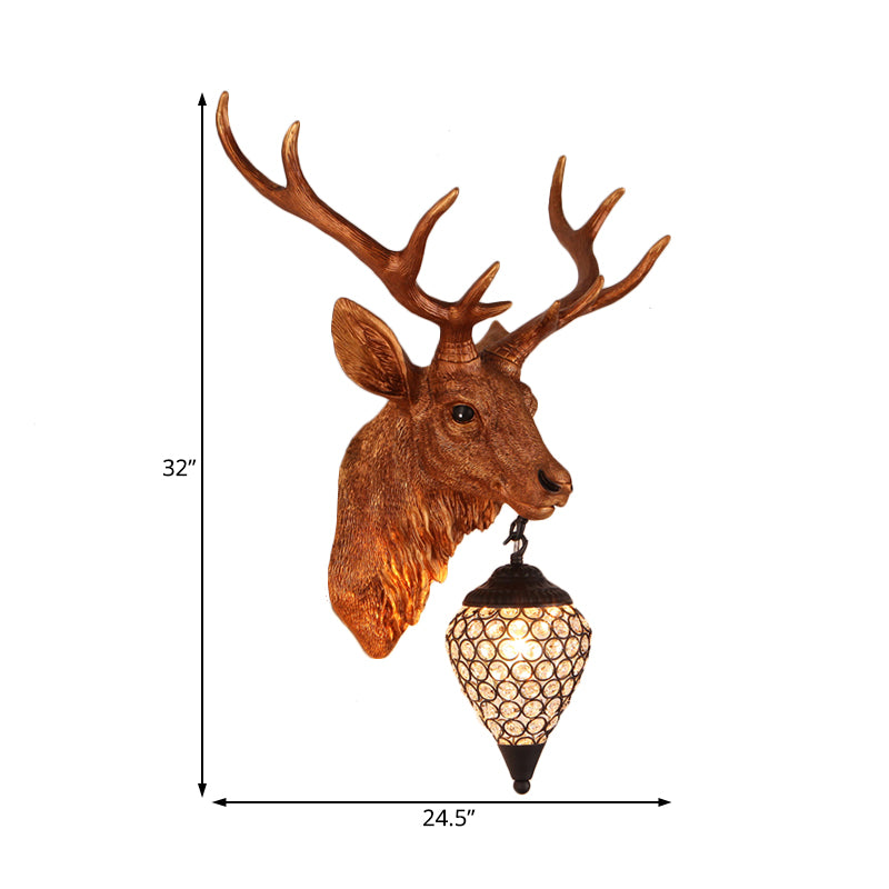 Teardrop Beveled Crystal Wall Lighting Country 15"/20.5"/24.5" Wide 1 Head Bedroom Sconce Lamp with Deer Head in White/Yellow/Gold Clearhalo 'Wall Lamps & Sconces' 'Wall Lights' Lighting' 1909083