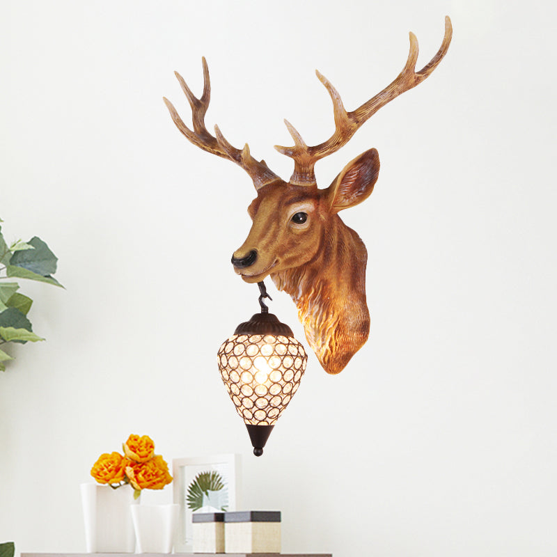 Teardrop Beveled Crystal Wall Lighting Country 15"/20.5"/24.5" Wide 1 Head Bedroom Sconce Lamp with Deer Head in White/Yellow/Gold Brown Clearhalo 'Wall Lamps & Sconces' 'Wall Lights' Lighting' 1909084