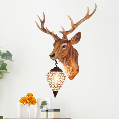 Teardrop Beveled Crystal Wall Lighting Country 15"/20.5"/24.5" Wide 1 Head Bedroom Sconce Lamp with Deer Head in White/Yellow/Gold Brown Clearhalo 'Wall Lamps & Sconces' 'Wall Lights' Lighting' 1909084