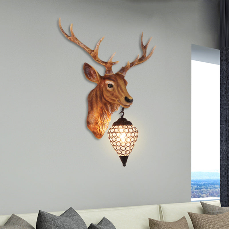 Teardrop Beveled Crystal Wall Lighting Country 15"/20.5"/24.5" Wide 1 Head Bedroom Sconce Lamp with Deer Head in White/Yellow/Gold Clearhalo 'Wall Lamps & Sconces' 'Wall Lights' Lighting' 1909086