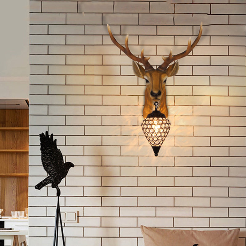 Teardrop Beveled Crystal Wall Lighting Country 15"/20.5"/24.5" Wide 1 Head Bedroom Sconce Lamp with Deer Head in White/Yellow/Gold Clearhalo 'Wall Lamps & Sconces' 'Wall Lights' Lighting' 1909087