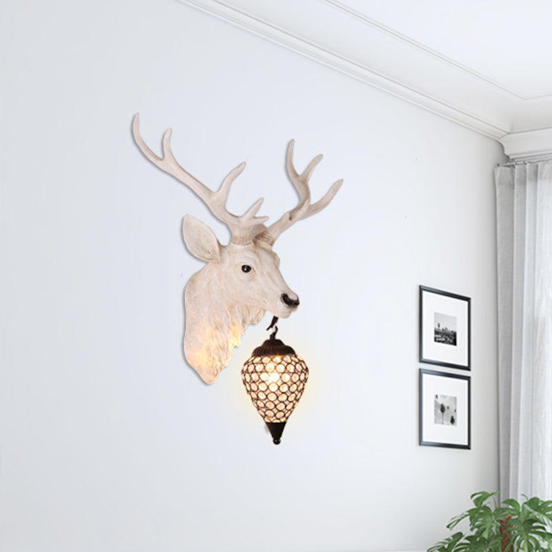 Teardrop Beveled Crystal Wall Lighting Country 15"/20.5"/24.5" Wide 1 Head Bedroom Sconce Lamp with Deer Head in White/Yellow/Gold White Clearhalo 'Wall Lamps & Sconces' 'Wall Lights' Lighting' 1909090