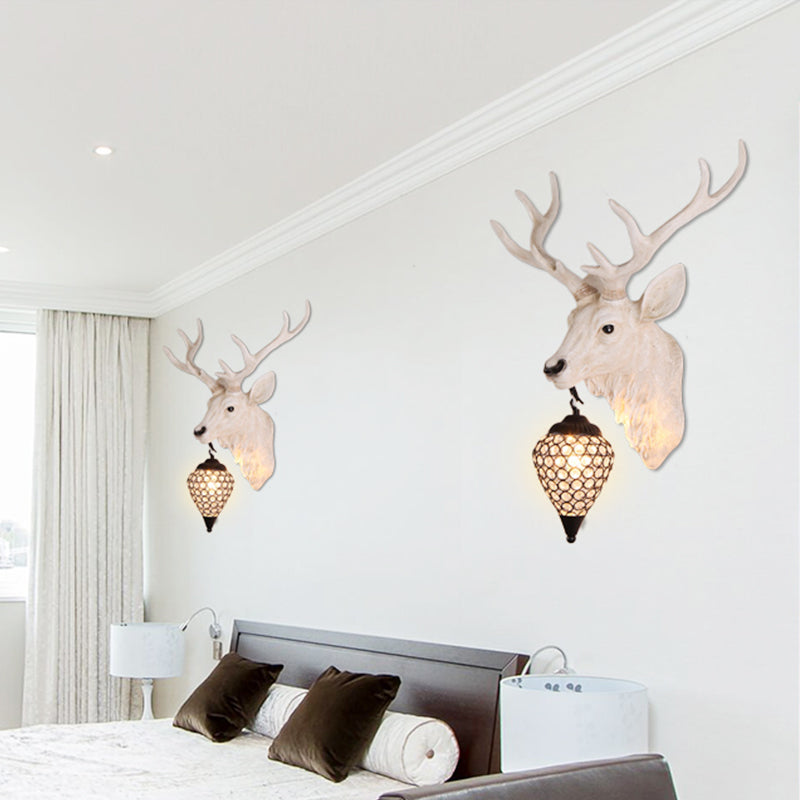 Teardrop Beveled Crystal Wall Lighting Country 15"/20.5"/24.5" Wide 1 Head Bedroom Sconce Lamp with Deer Head in White/Yellow/Gold Clearhalo 'Wall Lamps & Sconces' 'Wall Lights' Lighting' 1909091