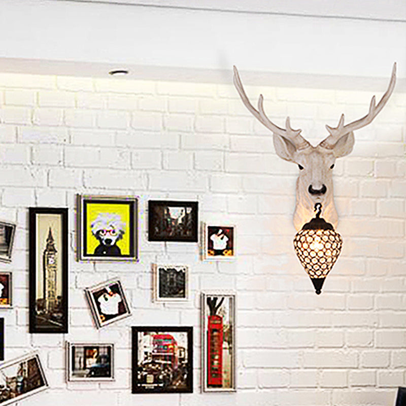 Teardrop Beveled Crystal Wall Lighting Country 15"/20.5"/24.5" Wide 1 Head Bedroom Sconce Lamp with Deer Head in White/Yellow/Gold Clearhalo 'Wall Lamps & Sconces' 'Wall Lights' Lighting' 1909092