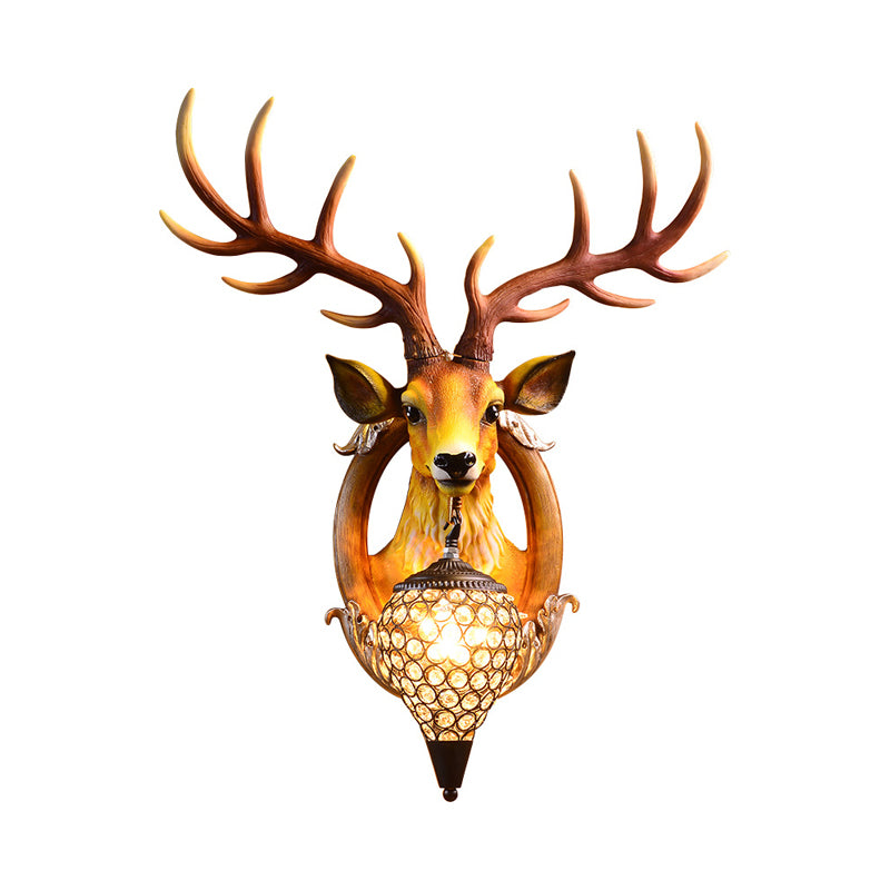 1-Light Clear Beveled Crystal Sconce Rural White/Brown/Black-White Waterdrop Bedroom Wall Lighting with Faux Elk Backplate, 16"/24" W Clearhalo 'Wall Lamps & Sconces' 'Wall Lights' Lighting' 1909141