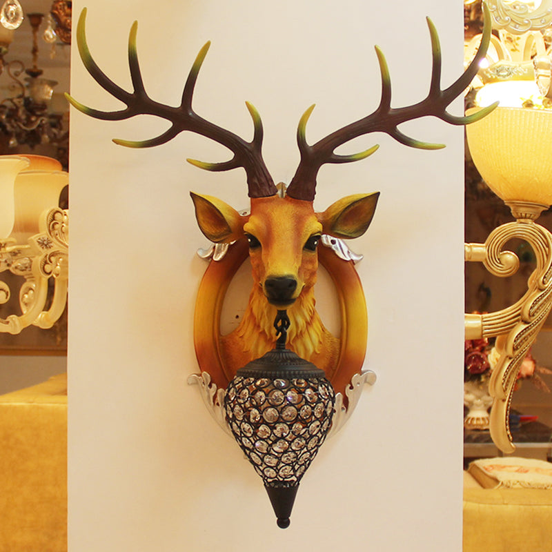 Brown Faux Deer Head Sconce Lamp Farmhouse Resin 16"/21" Wide 1 Bulb Living Room Wall Mounted Light with Drop Crystal Shade Brown Clearhalo 'Wall Lamps & Sconces' 'Wall Lights' Lighting' 1909151