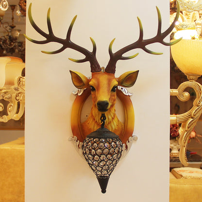 Brown Faux Deer Head Sconce Lamp Farmhouse Resin 16"/21" Wide 1 Bulb Living Room Wall Mounted Light with Drop Crystal Shade Brown Clearhalo 'Wall Lamps & Sconces' 'Wall Lights' Lighting' 1909151