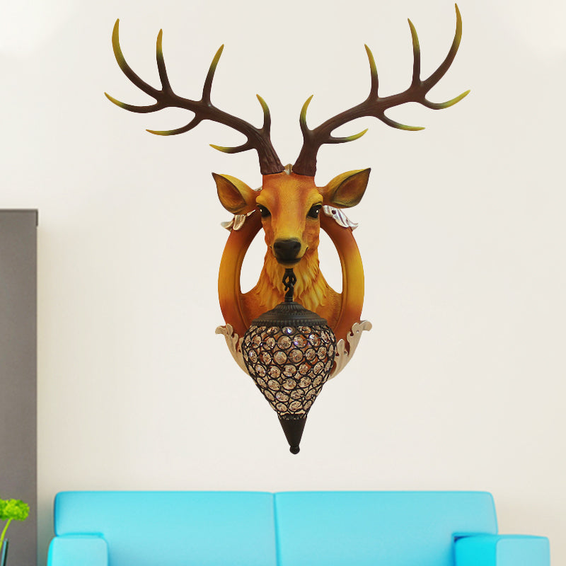 Brown Faux Deer Head Sconce Lamp Farmhouse Resin 16"/21" Wide 1 Bulb Living Room Wall Mounted Light with Drop Crystal Shade Clearhalo 'Wall Lamps & Sconces' 'Wall Lights' Lighting' 1909152