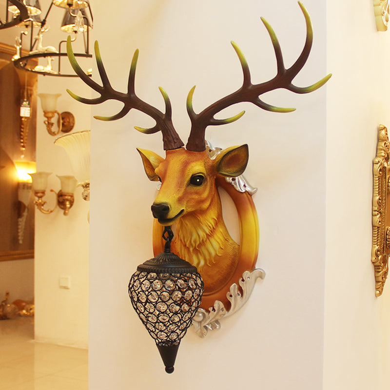 Brown Faux Deer Head Sconce Lamp Farmhouse Resin 16"/21" Wide 1 Bulb Living Room Wall Mounted Light with Drop Crystal Shade Clearhalo 'Wall Lamps & Sconces' 'Wall Lights' Lighting' 1909153