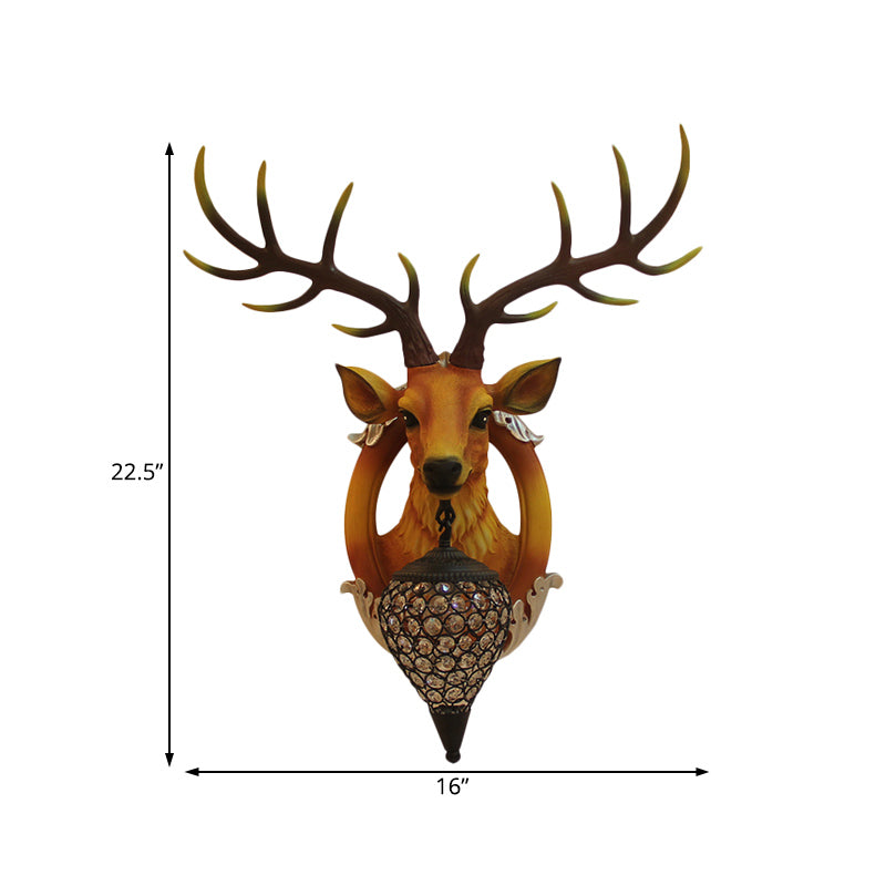 Brown Faux Deer Head Sconce Lamp Farmhouse Resin 16"/21" Wide 1 Bulb Living Room Wall Mounted Light with Drop Crystal Shade Clearhalo 'Wall Lamps & Sconces' 'Wall Lights' Lighting' 1909155