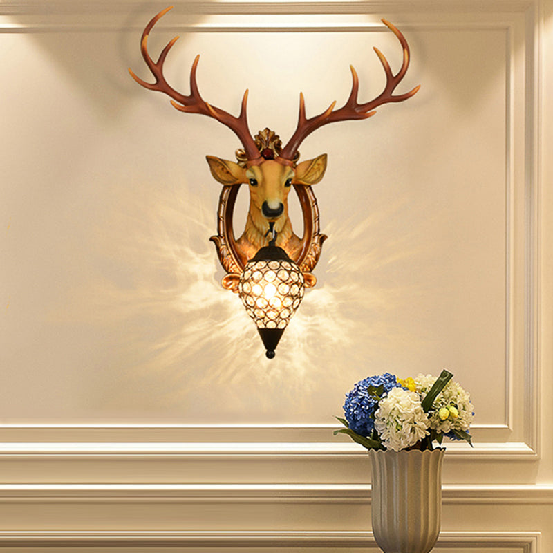 Single-Bulb Gridded Raindrop Sconce Countryside White/Yellow Crystal Wall Mounted Lamp with Resin Deer, 19.5"/24.5" Wide Clearhalo 'Wall Lamps & Sconces' 'Wall Lights' Lighting' 1909157