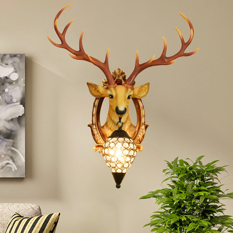 Single-Bulb Gridded Raindrop Sconce Countryside White/Yellow Crystal Wall Mounted Lamp with Resin Deer, 19.5"/24.5" Wide Yellow Clearhalo 'Wall Lamps & Sconces' 'Wall Lights' Lighting' 1909158