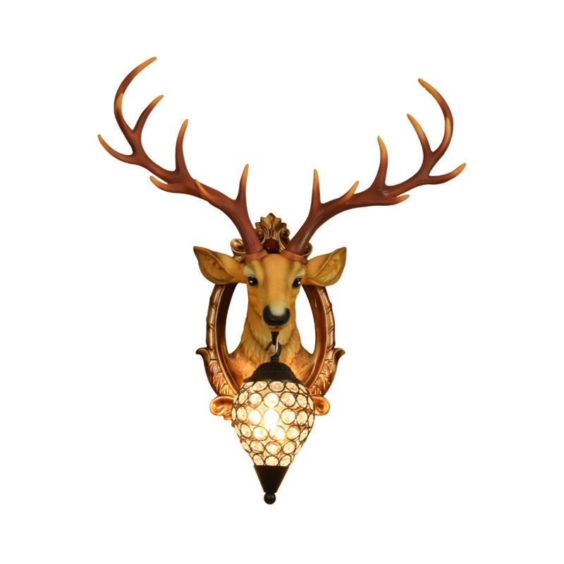 Single-Bulb Gridded Raindrop Sconce Countryside White/Yellow Crystal Wall Mounted Lamp with Resin Deer, 19.5"/24.5" Wide Clearhalo 'Wall Lamps & Sconces' 'Wall Lights' Lighting' 1909160