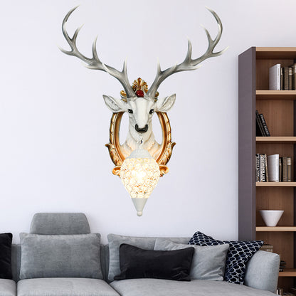 Single-Bulb Gridded Raindrop Sconce Countryside White/Yellow Crystal Wall Mounted Lamp with Resin Deer, 19.5"/24.5" Wide White Clearhalo 'Wall Lamps & Sconces' 'Wall Lights' Lighting' 1909161