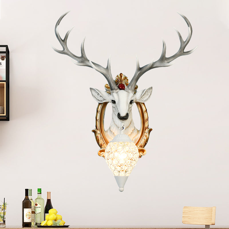 Single-Bulb Gridded Raindrop Sconce Countryside White/Yellow Crystal Wall Mounted Lamp with Resin Deer, 19.5"/24.5" Wide Clearhalo 'Wall Lamps & Sconces' 'Wall Lights' Lighting' 1909162