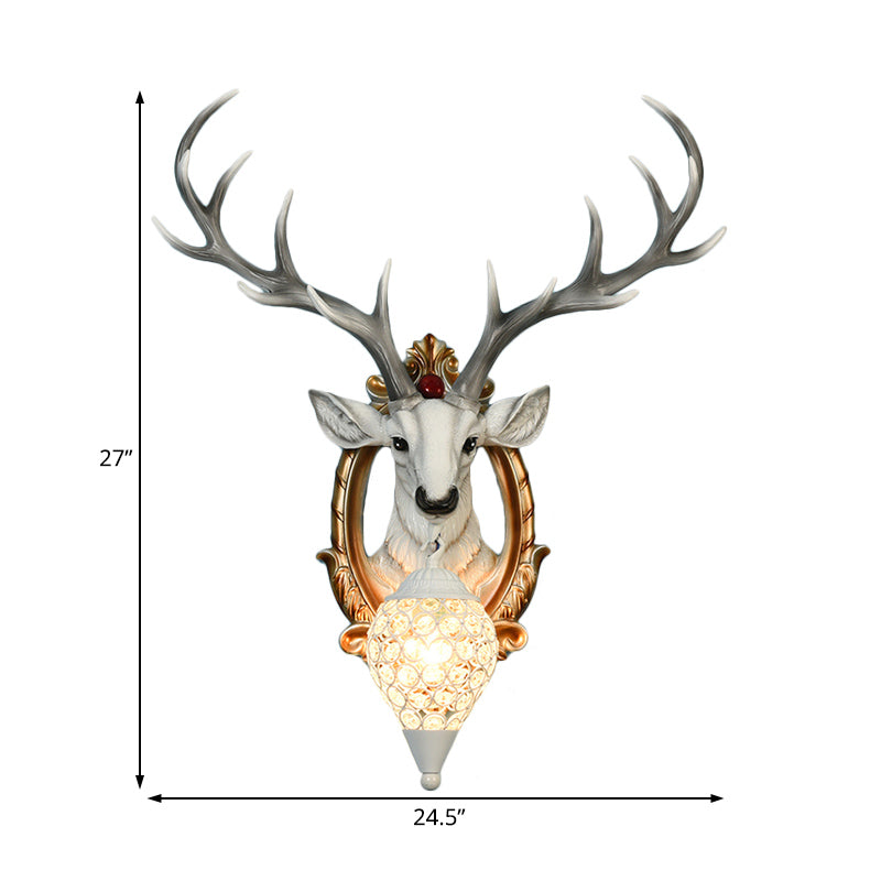 Single-Bulb Gridded Raindrop Sconce Countryside White/Yellow Crystal Wall Mounted Lamp with Resin Deer, 19.5"/24.5" Wide Clearhalo 'Wall Lamps & Sconces' 'Wall Lights' Lighting' 1909165