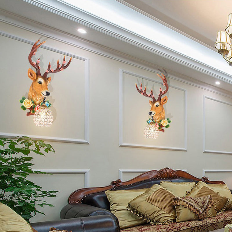 Rural Elk Head Sconce 1 Bulb Resin Wall Mounted Lighting in White/Wood with Flower Decor and Globe Crystal Shade, Left/Right Clearhalo 'Wall Lamps & Sconces' 'Wall Lights' Lighting' 1909178