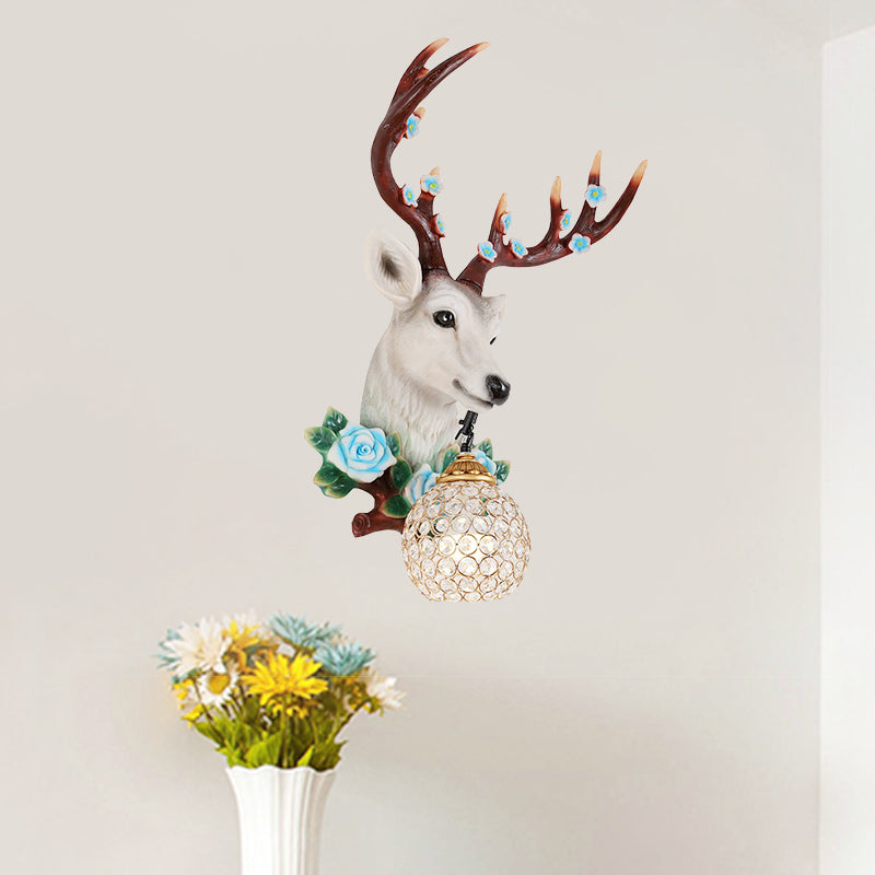 Rural Elk Head Sconce 1 Bulb Resin Wall Mounted Lighting in White/Wood with Flower Decor and Globe Crystal Shade, Left/Right Clearhalo 'Wall Lamps & Sconces' 'Wall Lights' Lighting' 1909185