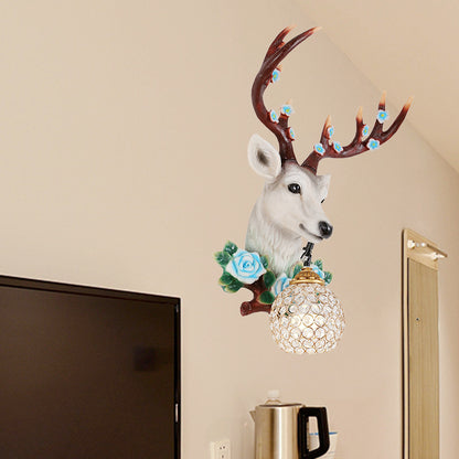 Rural Elk Head Sconce 1 Bulb Resin Wall Mounted Lighting in White/Wood with Flower Decor and Globe Crystal Shade, Left/Right White Right Clearhalo 'Wall Lamps & Sconces' 'Wall Lights' Lighting' 1909186
